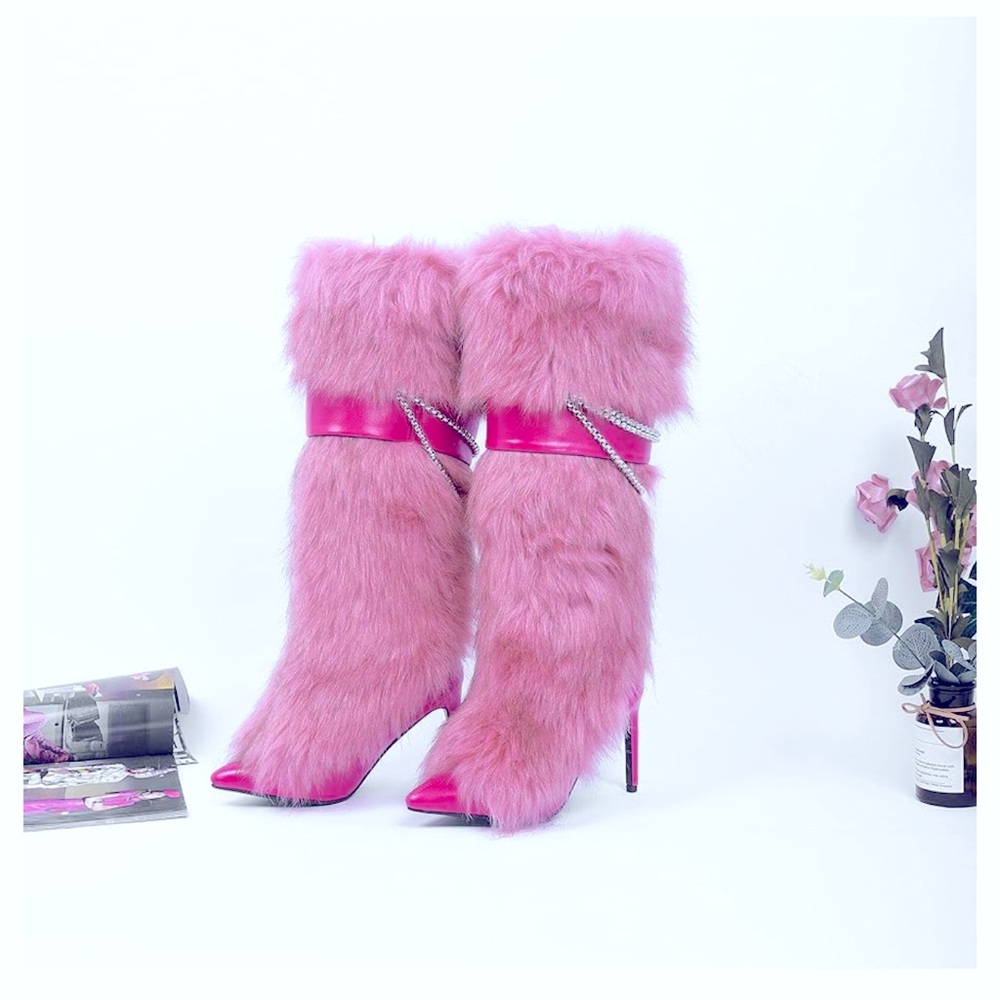 Pink Fluffy Boots for Women Knee High Wide Calf with Heel Fluffy S Pink Fluffy